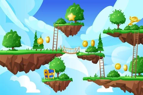 Game world with Level platforms and passages, floating summer forest land Illustrazione stock