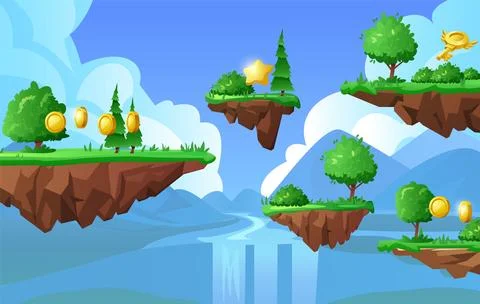 Game world with Level platforms, floating forest land islands on summer nature Stock Illustration