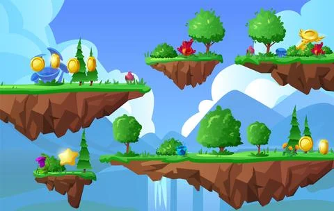 Game world with level platforms, floating forest land island, magical flowers 스톡 일러스트
