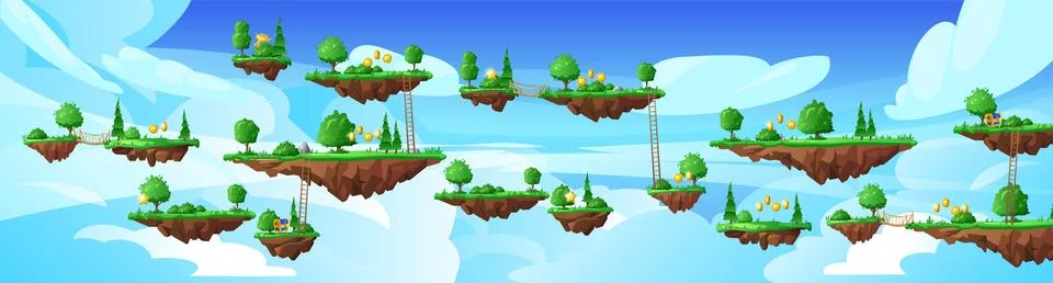 Game world with Level platforms, summer forest land islands floating in the sky 스톡 일러스트