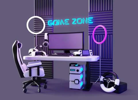 Game zone 3d room interior with setup for playing and streaming at night Stock Illustration