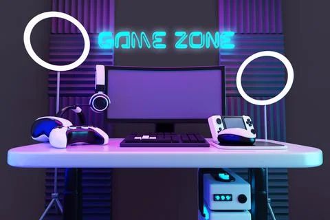 Game zone 3d workplace with gaming and streaming setup. Night room interior with Stock Illustration
