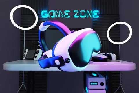 Game zone with flying vr glasses on abstract dark 3d background. Night room Stock Illustration