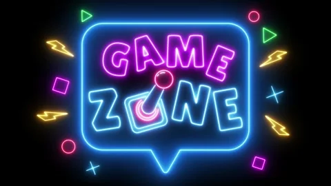 Game zone neon animated neon text advertising studio game station cafe game.. Stock Footage 277012351