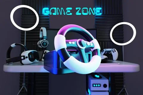 Game zone with racing steering wheel on abstract dark 3d background. Night room Stock Illustration