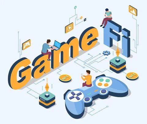 Gamefi concept. Blockchain game vector 3d isometric poster. Crypto, nft art Stockillustratie