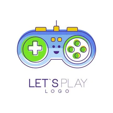 Gamepad with buttons to play. Gaming controller logo. Linear emblem with blue Stock Illustration