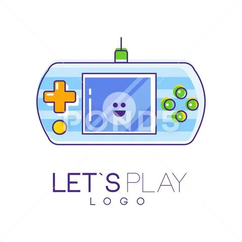 Gamepad logo with screen and green-orange buttons to play. Digital entertainment Stock Illustration