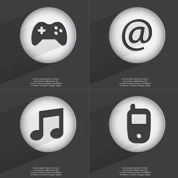 Gamepad, Mail, Note, Mobile phone icon sign. Set of buttons with a flat design. 库存插图