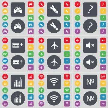 Gamepad, Rocket, Question mark, Cassette, Airplane, Mute, Graph, Wi-Fi, Number i Stock Illustration