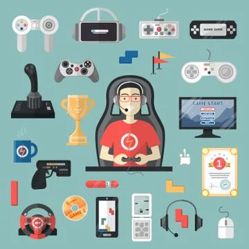 Gamepad vector gamer playing gameplay and player character gaming videogame with Ilustração Stock