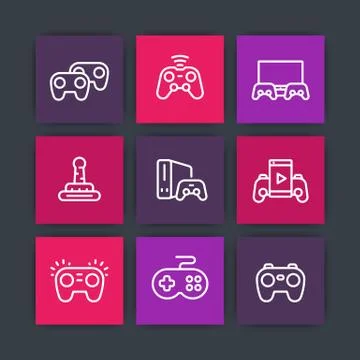 Gamepads icons, game controllers, console, video gaming vector linear pictogr Illustrazione stock