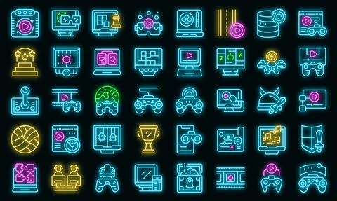 Gameplay icons set vector neon Illustrazione stock