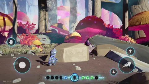 Gameplay shows dynamic movement through a dense forest with glowing elements and Stock Footage 318308719