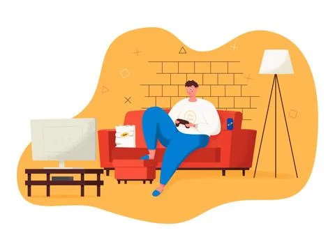 Gamer character playing in console video game. Game concept. Man having a good Stock Illustration