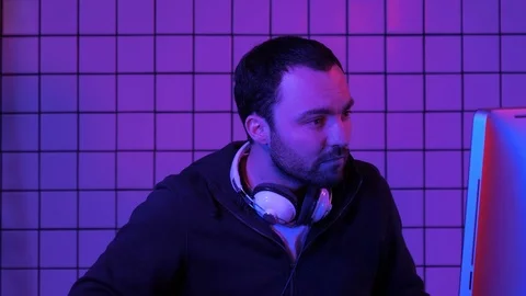 Gamer, hacker, programmer talking about the best software, game, program on the Stock Footage 105043721