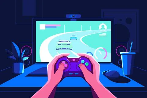 Gamer hands holding console in front of screen Illustrazione stock