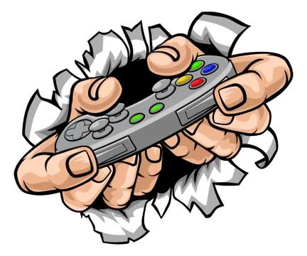 Gamer Hands Video Game Controller Breaking Wall Stock Illustration