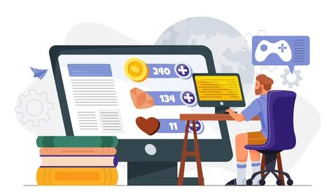 Gamer learning at computer desk setup. Vector illustration Stock Illustration