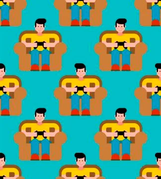Gamer pattern seamless. Guy on chair and videogame. Boy and joystick. Cibersp Stock Illustration