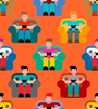 Gamer pattern seamless. Guy on chair and videogame. Boy and joystick. Cibersp Stock Illustration