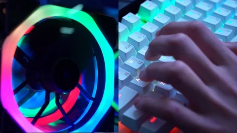 Gamer playing a computer game. Split screen. Programmer. Online shopping. Cyber Видео 121039654