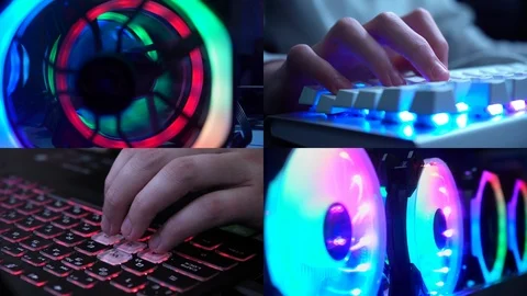 Gamer playing a computer game. Split screen. Hands on the keyboard. Esports. Видео 121785519