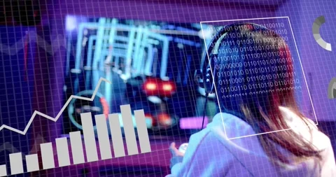 Gamer receiving live data feed on neon-lit screen and moving hands to navigate Stock Footage 318688178
