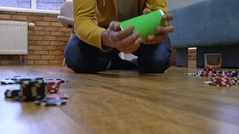 Gamer rolling dices on the floor, shaking cup, game entertainment, combination Stock Footage 125519749