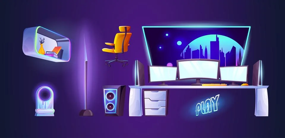 Gamer room design elements set Illustrazione stock