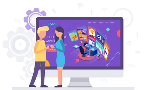 Gamer is using computer for playing game. People looking at the laptop screen Stock Illustration