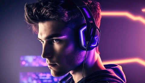 Gamer using gaming headset playing video game in gaming room with neon lights 스톡 일러스트