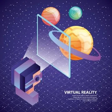 Gamer using virtual reality glasses watching planet on screen Stock Illustration