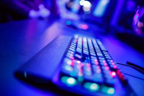 Gamer workspace professional streamer with computer monitor. Cyber sport Stock Photos