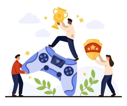 Gamers Teamwork with Game Controller Trophy Stock Illustration