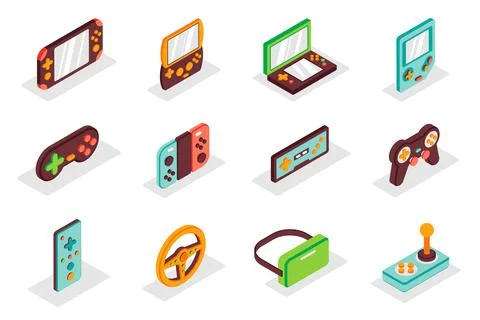 Games gadgets concept 3d isometric icons set. Pack isometry elements of console 스톡 일러스트