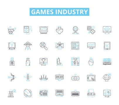 Games industry linear icons set. Gaming, Competition, Innovation, Fun, Strategy Stock Illustration