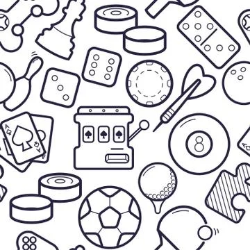 Games simless pattern. Ping-pong, golf, billiards, darts leisure activities Stock Illustration