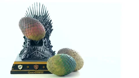 Games of Thrones HBO authorized replica of the Iron Throne with dragon eggs. Stock Footage 93880071