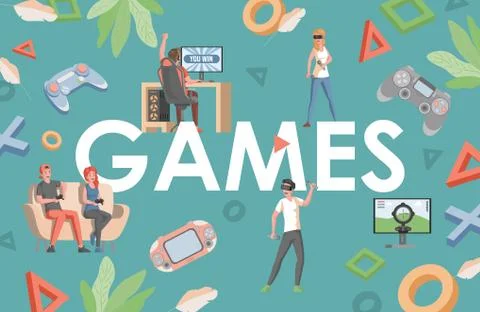 Games word vector flat banner design. Electronic entertainment, professional Stock Illustration