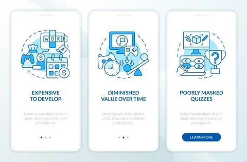 Gamification cons in e learning blue onboarding mobile app screen Illustrazione stock