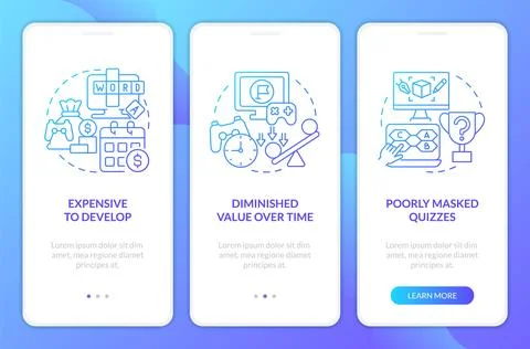 Gamification cons in e learning blue gradient onboarding mobile app screen Illustrazione stock