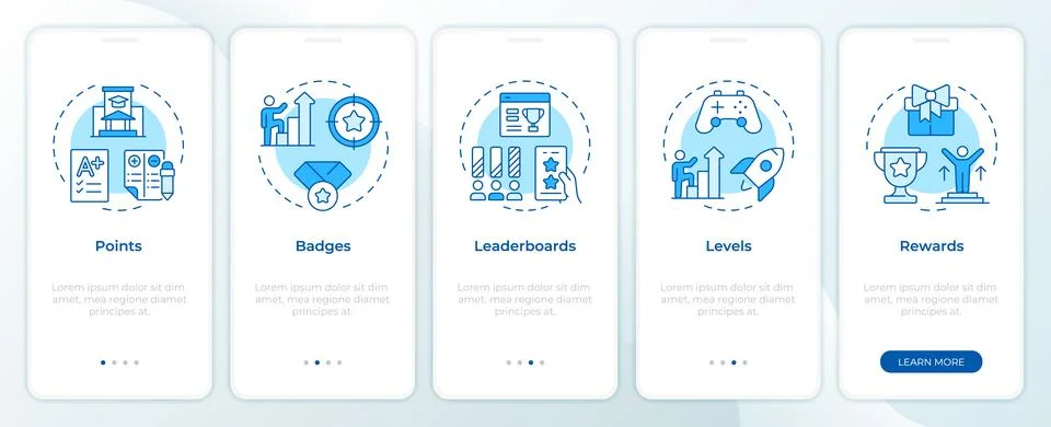 Gamification elements blue onboarding mobile app screen Stock Illustration