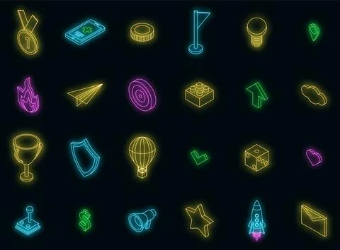 Gamification icons set vector neon Stock Illustration