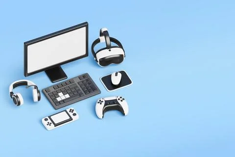 Gamification isometric 3d banner. Workplace with desktop computer, video game Stock Illustration