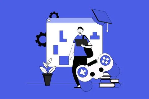 Gamification in learning web concept with character scene in flat design. Peo Illustrazione stock