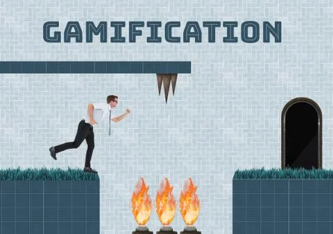 Gamification text and Businessman in Computer Game Level with fire and traps Stock Photos