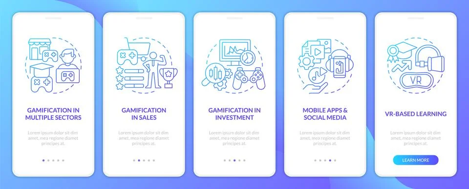 Gamification trends blue gradient onboarding mobile app screen Stock Illustration