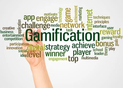 Gamification word cloud and hand with marker concept Stock Photos