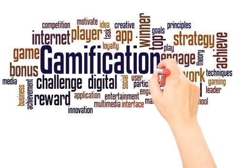 Gamification word cloud hand writing concept Stock Photos